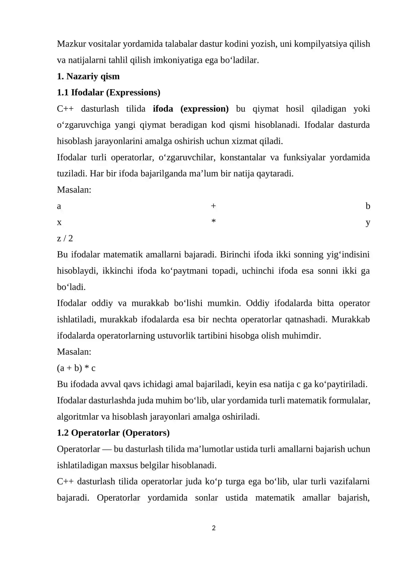 C++ tilida ifodalar va operatorlar bilan ishlash 2