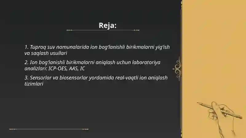 Tuproq suv ifloslanishidan ion bogʻlanishli birikmalarni aniqlash 2