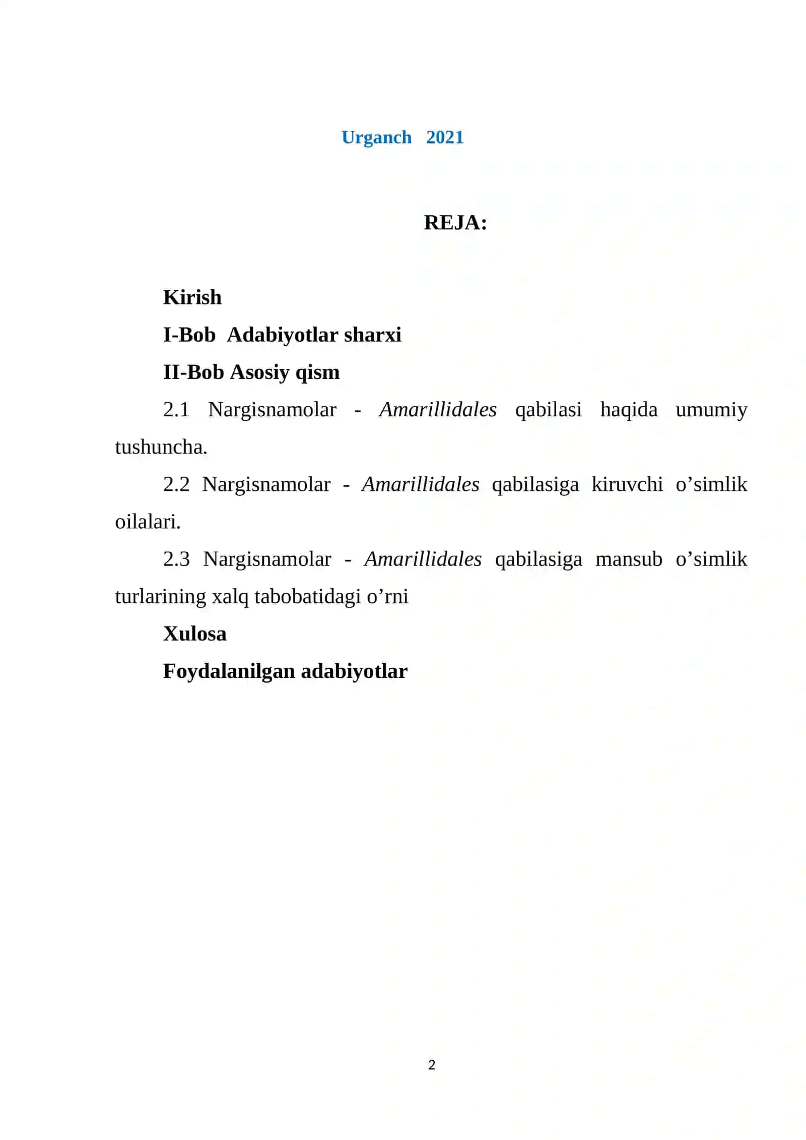 Nargisnamolar - Amarillidales qabilasi KURS ISHI 2