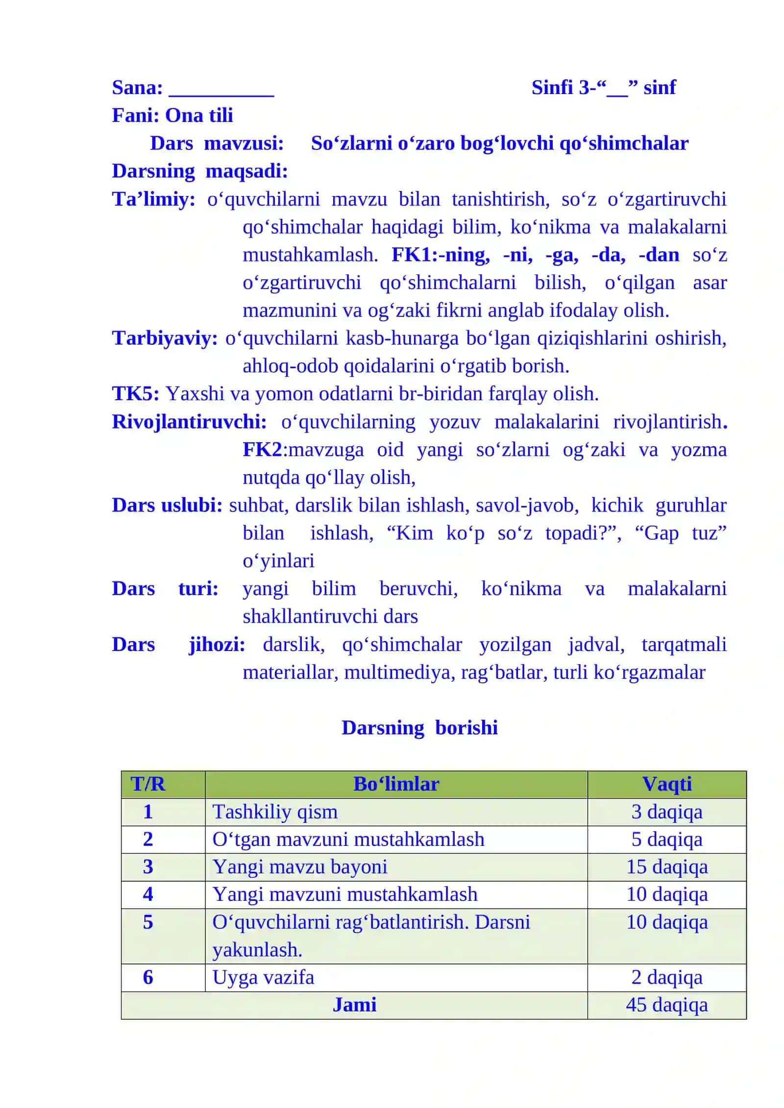 3-sinf Ona tili fanidan So'zlarni o'zaro bog'lovchi qo'shimchalar 3-chorak dars ishlanma 2