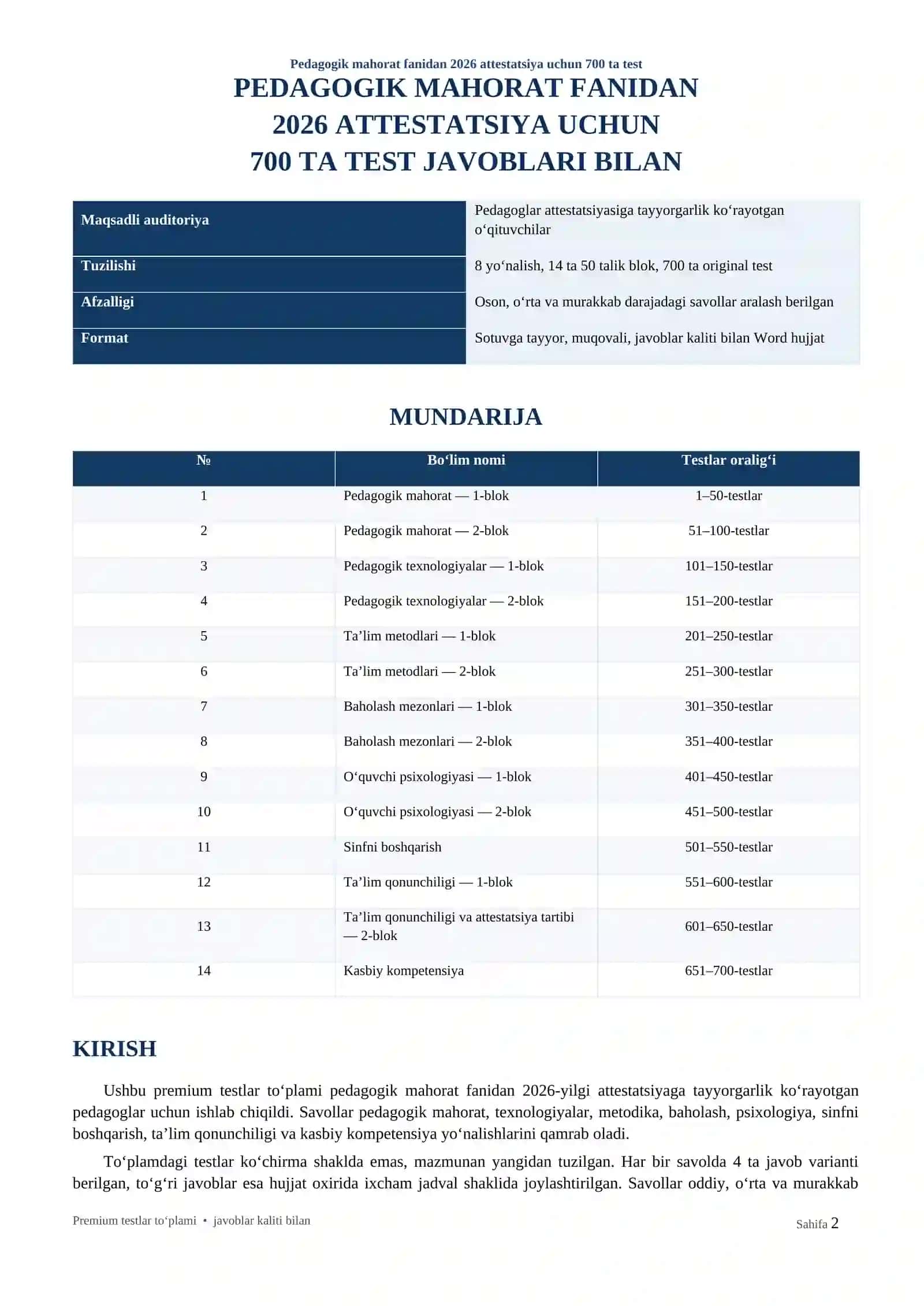 PEDAGOGIK MAHORAT FANIDAN 2026 ATTESTATSIYA UCHUN 700 TA TEST JAVOBLARI BILAN 2