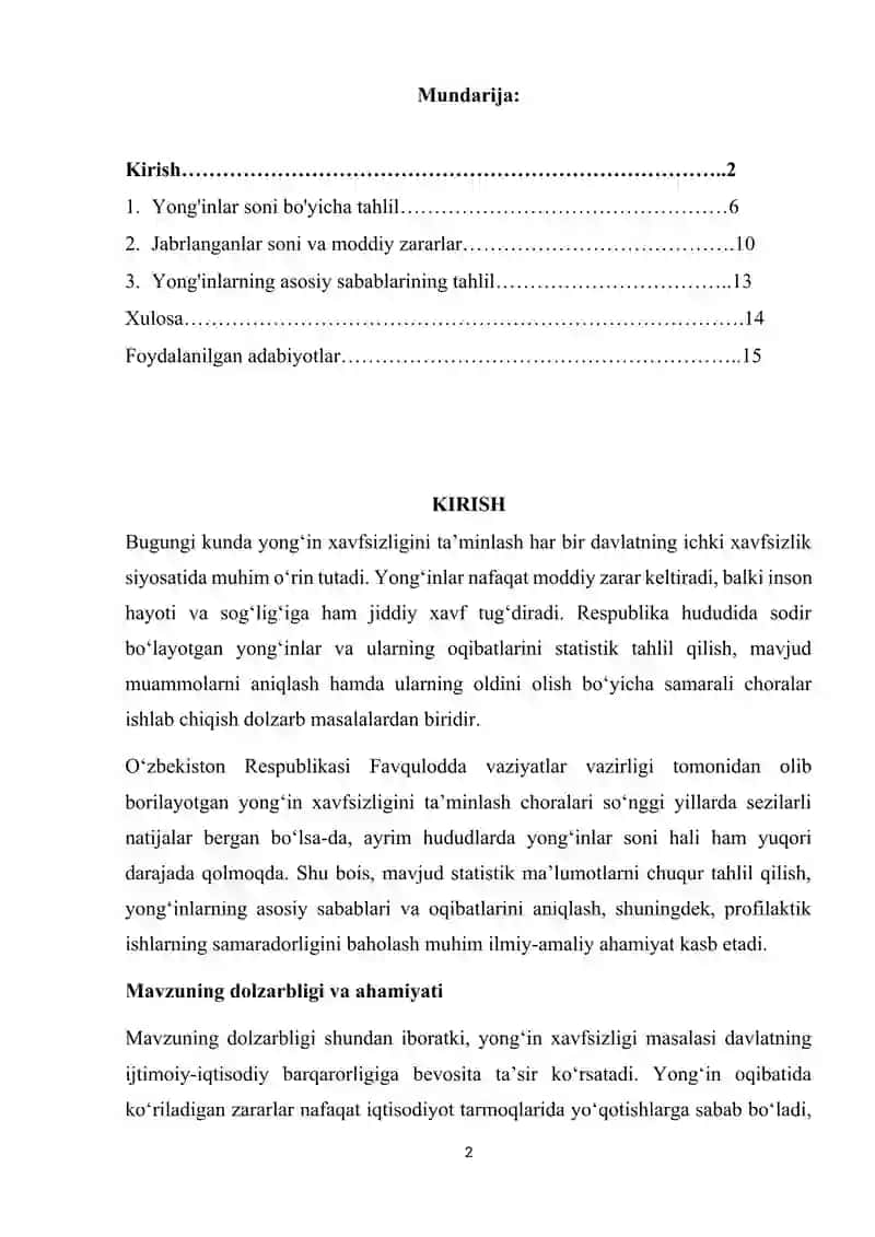 Respublika bo'yicha yong'inlar sodir bo'lishi va ularda ko'riladigan zararlar to'g'risida statik ma'lumotlar tahlili 2