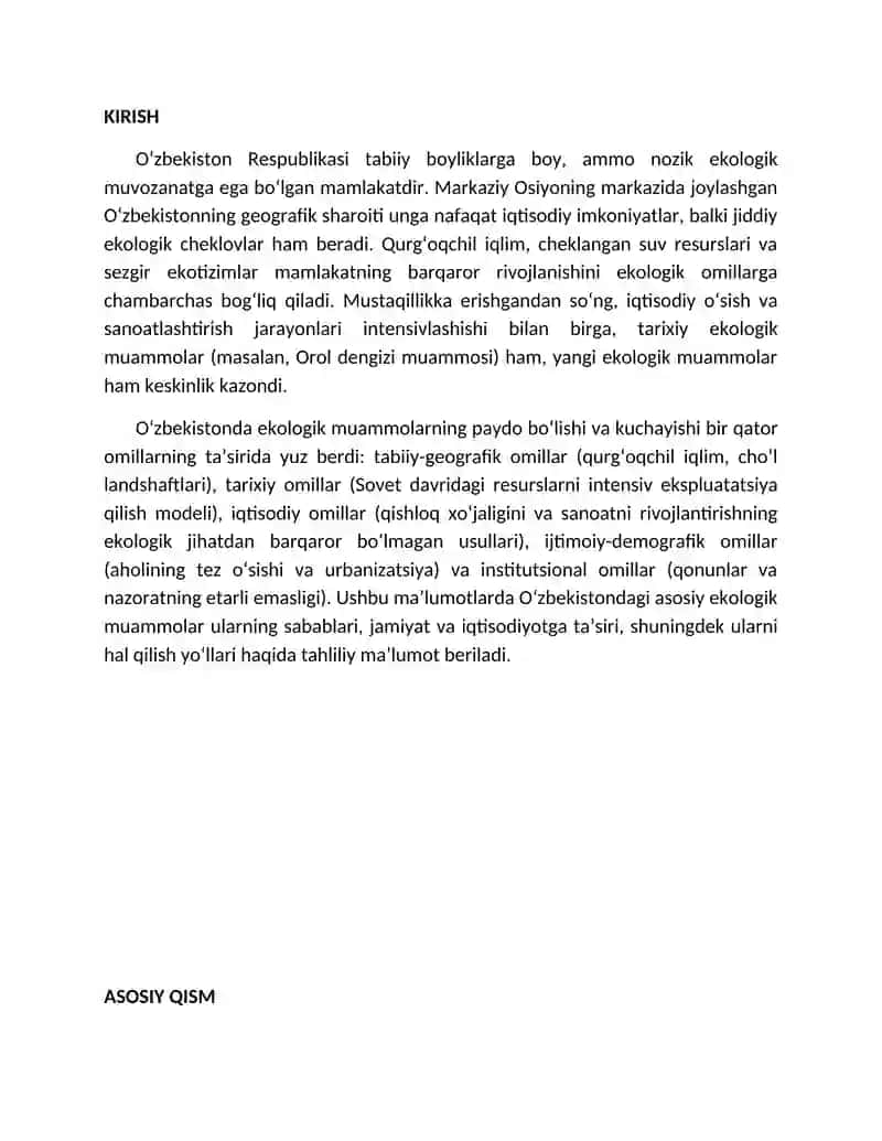 Oʻzbekiston Respublikasining ekologik muammolari: sabablari, oqibatlari va yechim yoʻllari 2