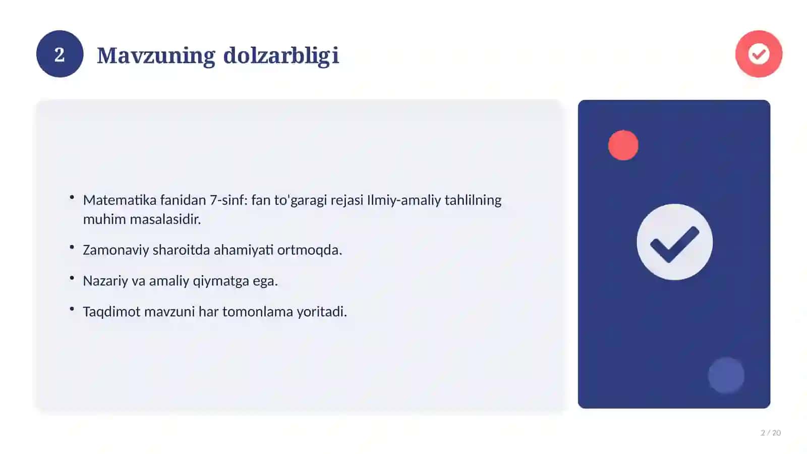 Matematika fanidan 7-sinf: fan to'garagi rejasi 2