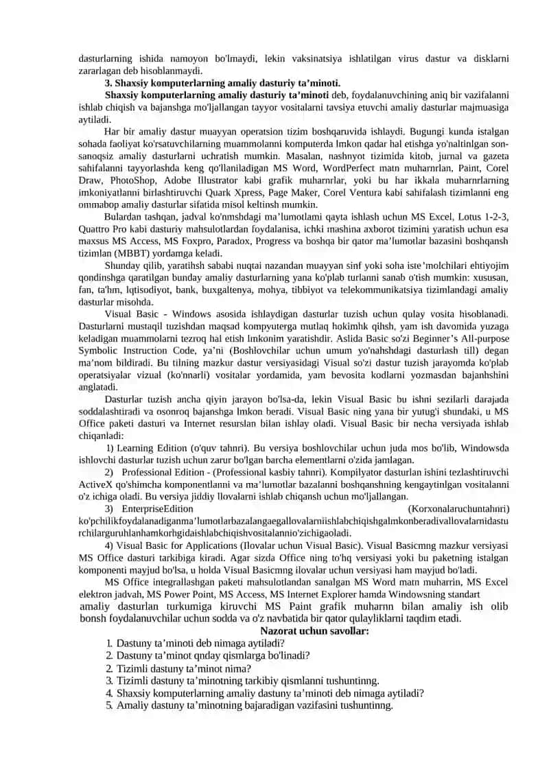 AXBOROT JARAYONLARINING DASTURIY TA’MINOTI, DASTURIYTA’MINOT TURLARI 2