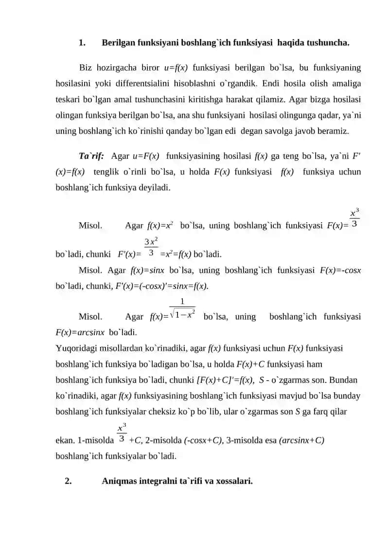 Boshlang`ich funksiya va aniqmas integral. Aniqmas integralning asosiy xossalari 2