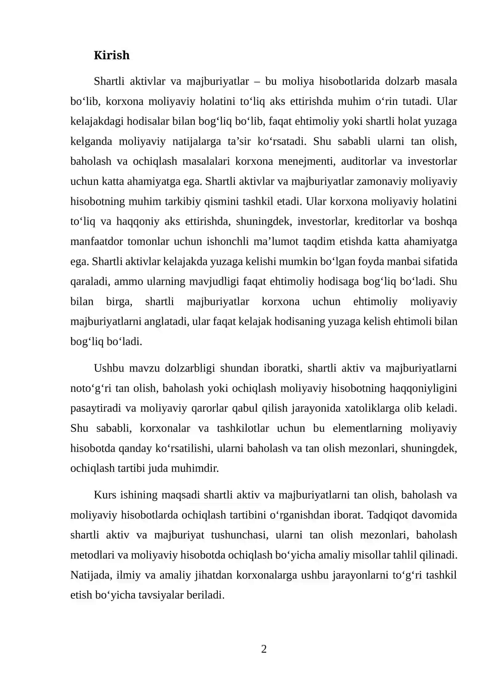 SHARTLI AKTIVLAR VA MAJBURIYATLARNI TAN OLISH, BAHOLASH VA OCHIQLASH MASALALARI 2