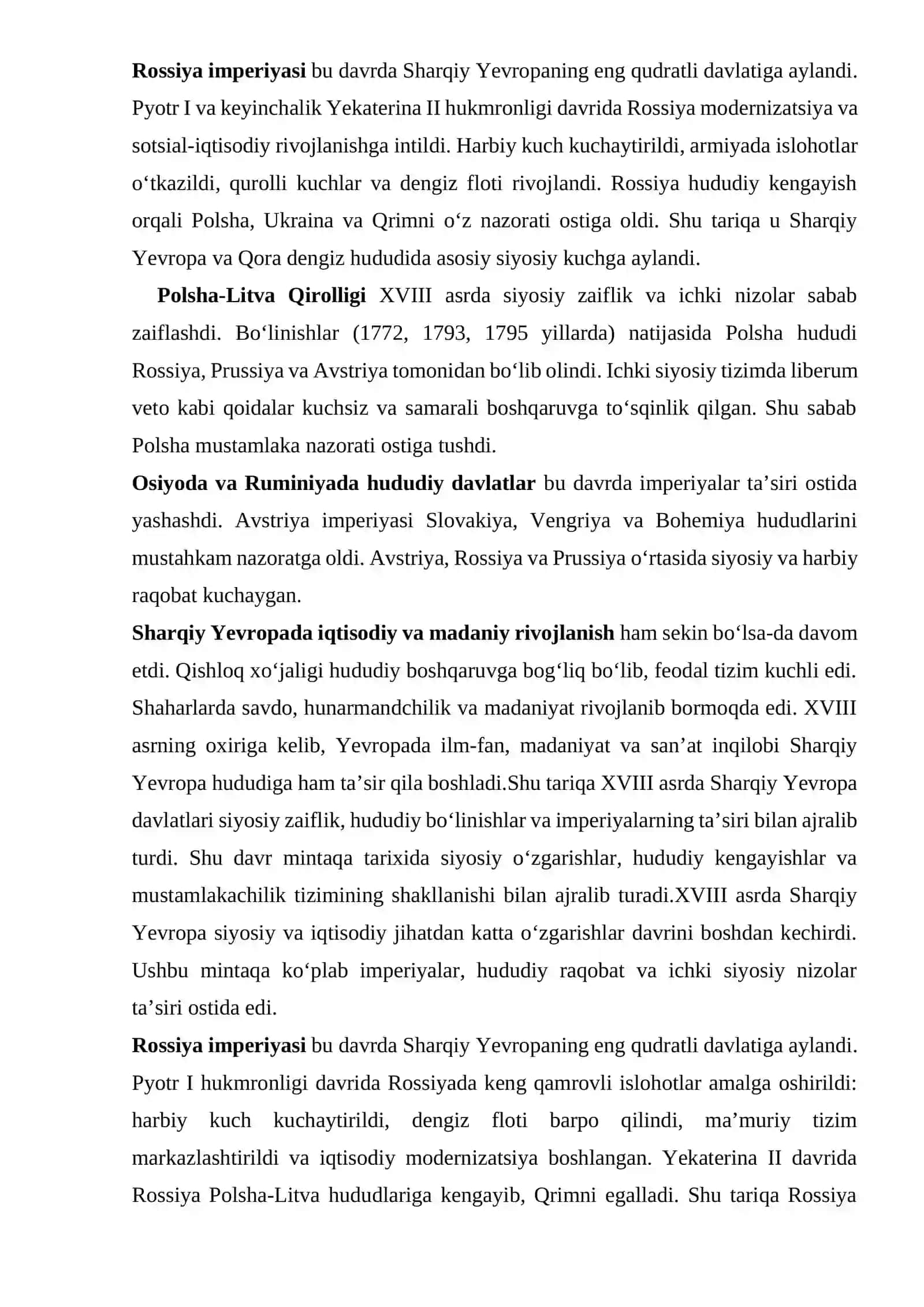 Sharqiy Yevropa davlatlari siyosiy, iqtisodiy va ijtimoiy rivojlanishi XVIII asrda 2