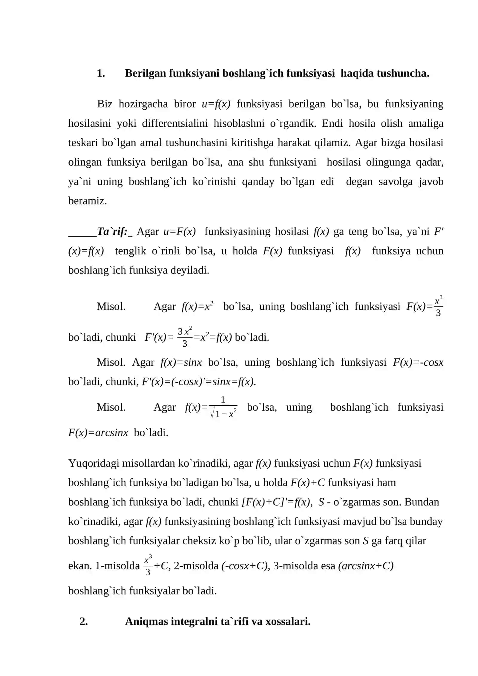 Aniqmas integralning asosiy xossalari 2