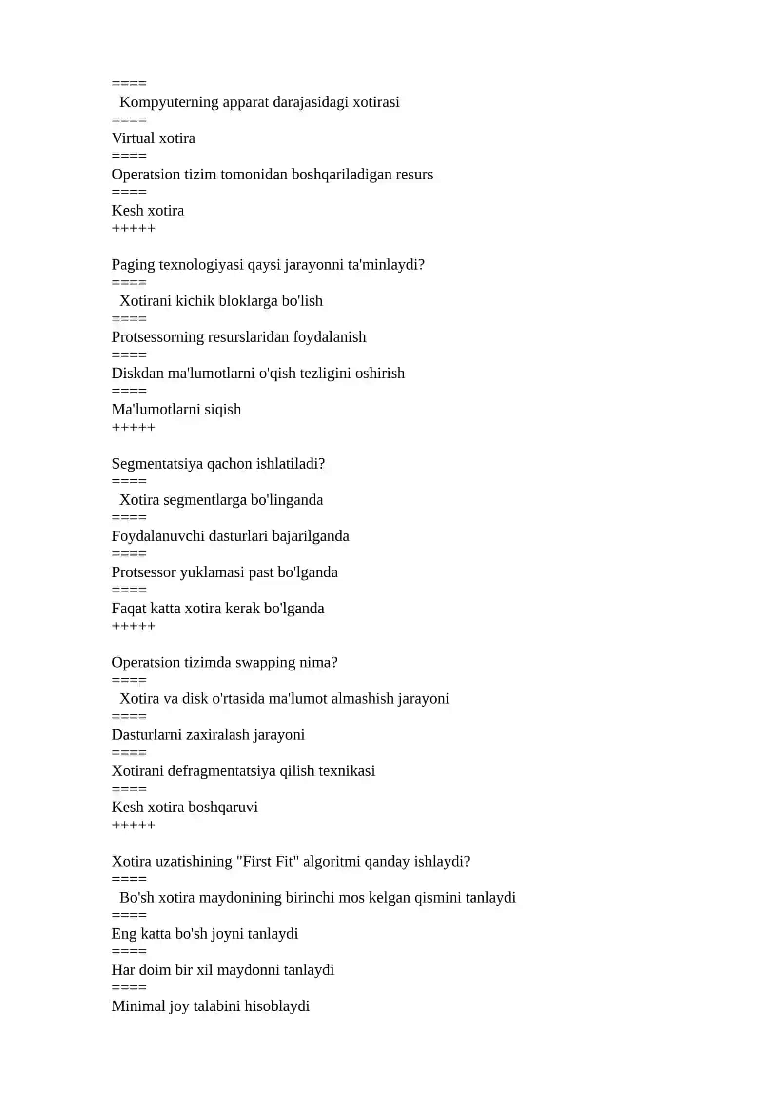 Operatsion tizimlar yakuniy test savollari (hammasida 1-variant to'g'ri) 2