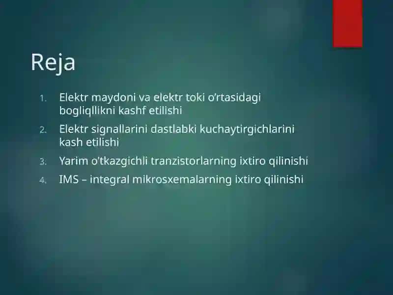 Zamonaviy elektronika va sxemalardagi diskret qurilmalardan integral sxemalargacha rivojlanish tarixiy davrlari va rivojlanish istiqbollari 2