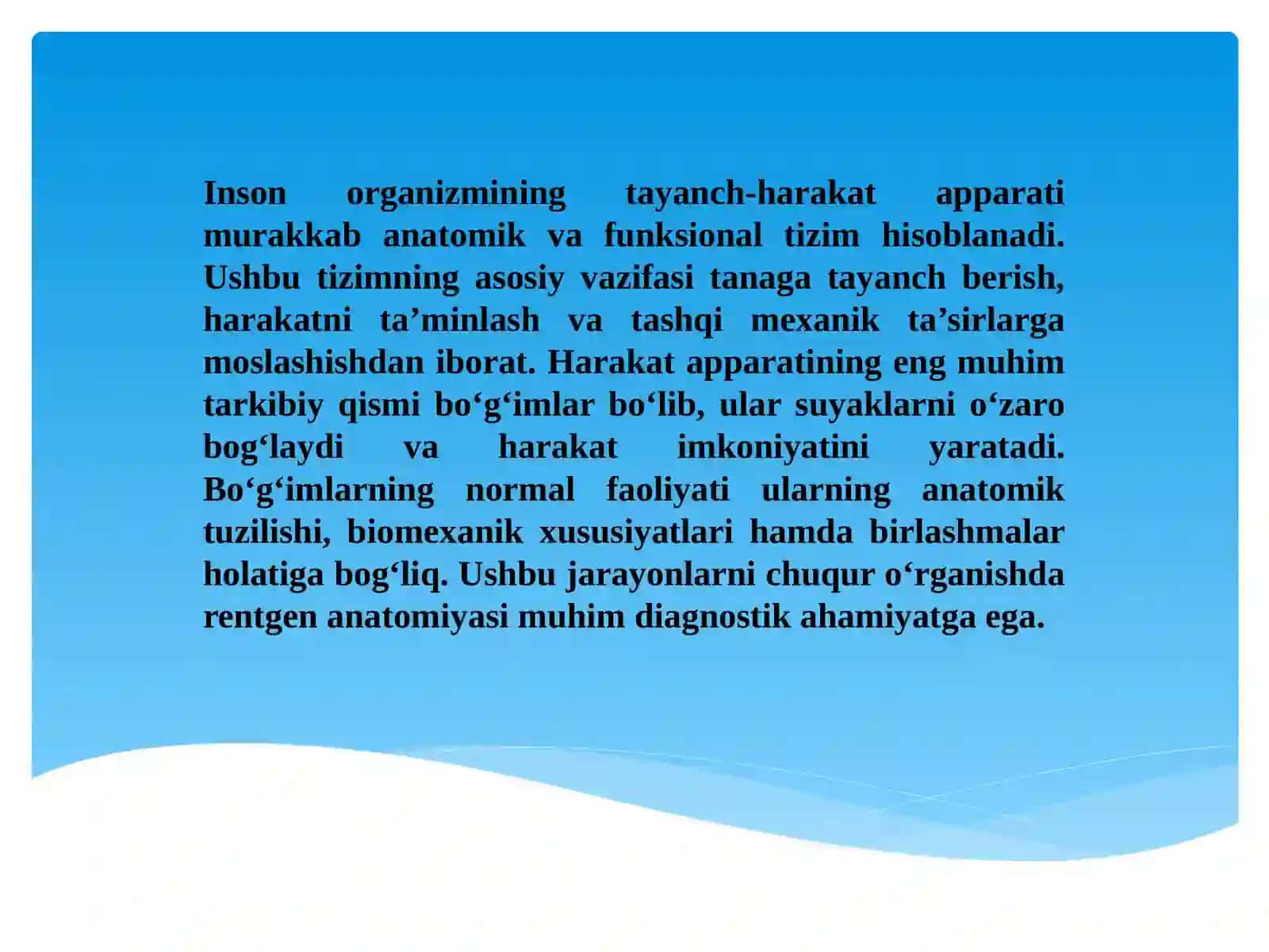 Bo’g’imlarning biomexanikasi.Birlashmalarning rentgen anatomiyasi 2