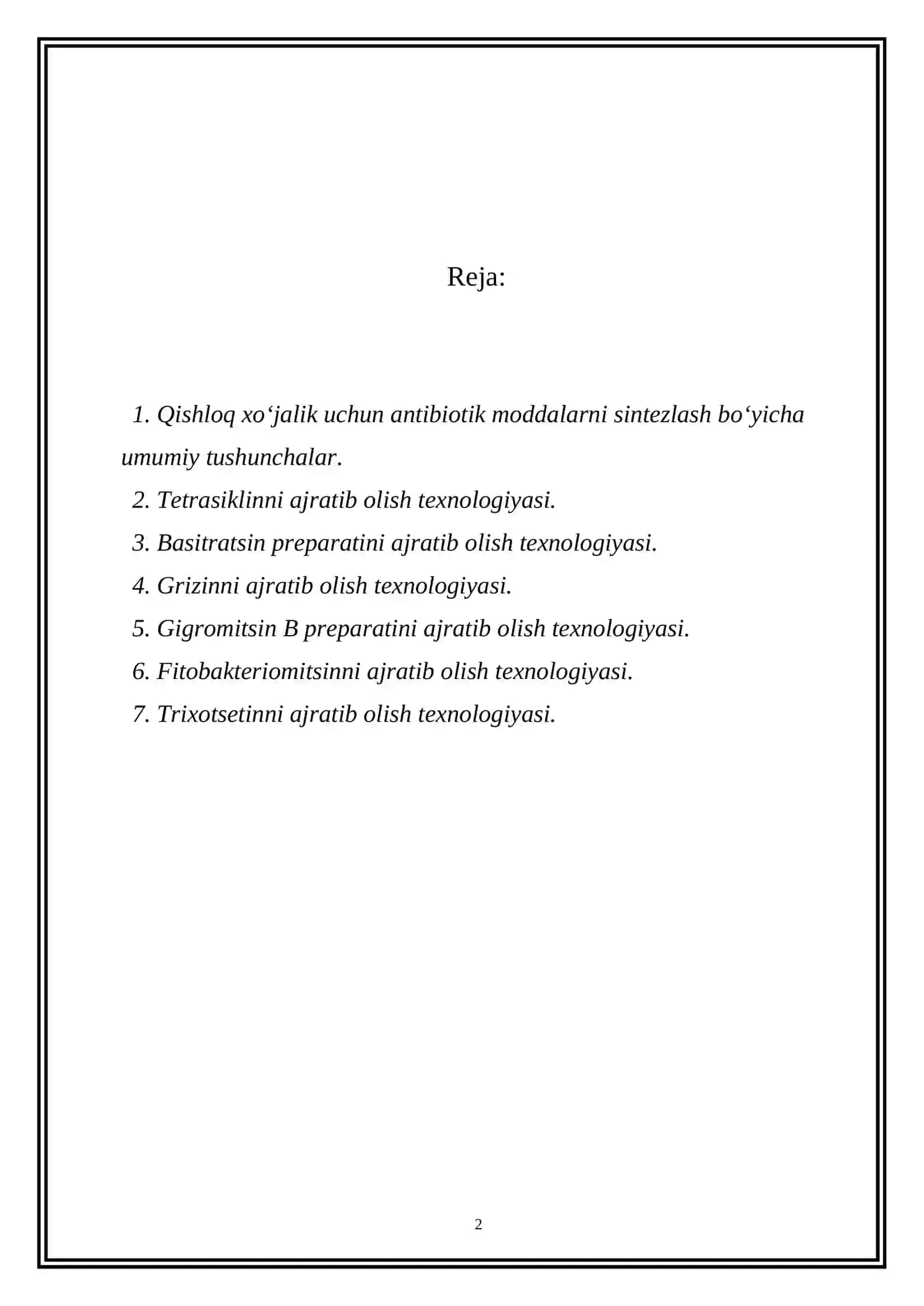 QISHLOQ XO‘JALIGI UCHUN ANTIBIOTIK MODDALARNI BIOSINTEZLASH TEXNOLOGIYASI 2