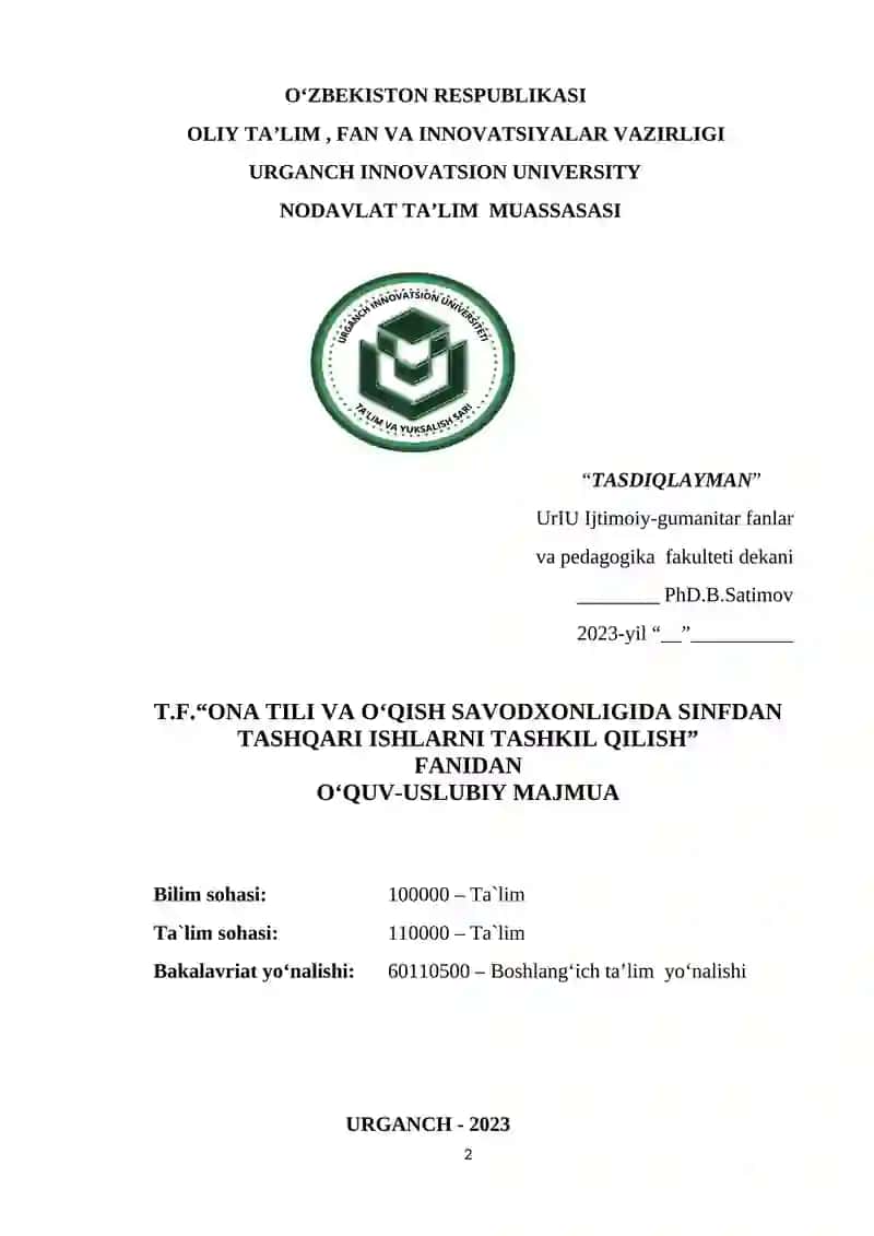 T.F.“ONA TILI va o‘qish savodxonligida SINFDAN TASHQARI ISHLARNI TASHKIL QILISH” 2