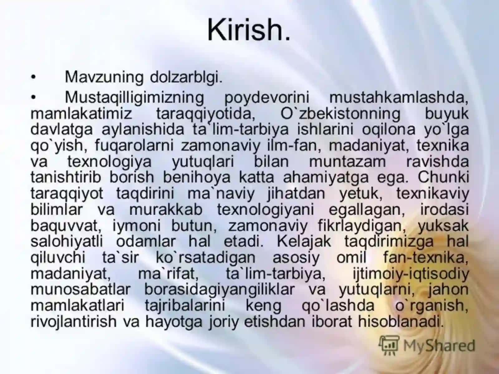 MUSTAQILLIK YILLARIDA TA'LIM TARBIYA TAYYORLDAI:TOJIBOYEVA DINORA 19/3 GURUH 2