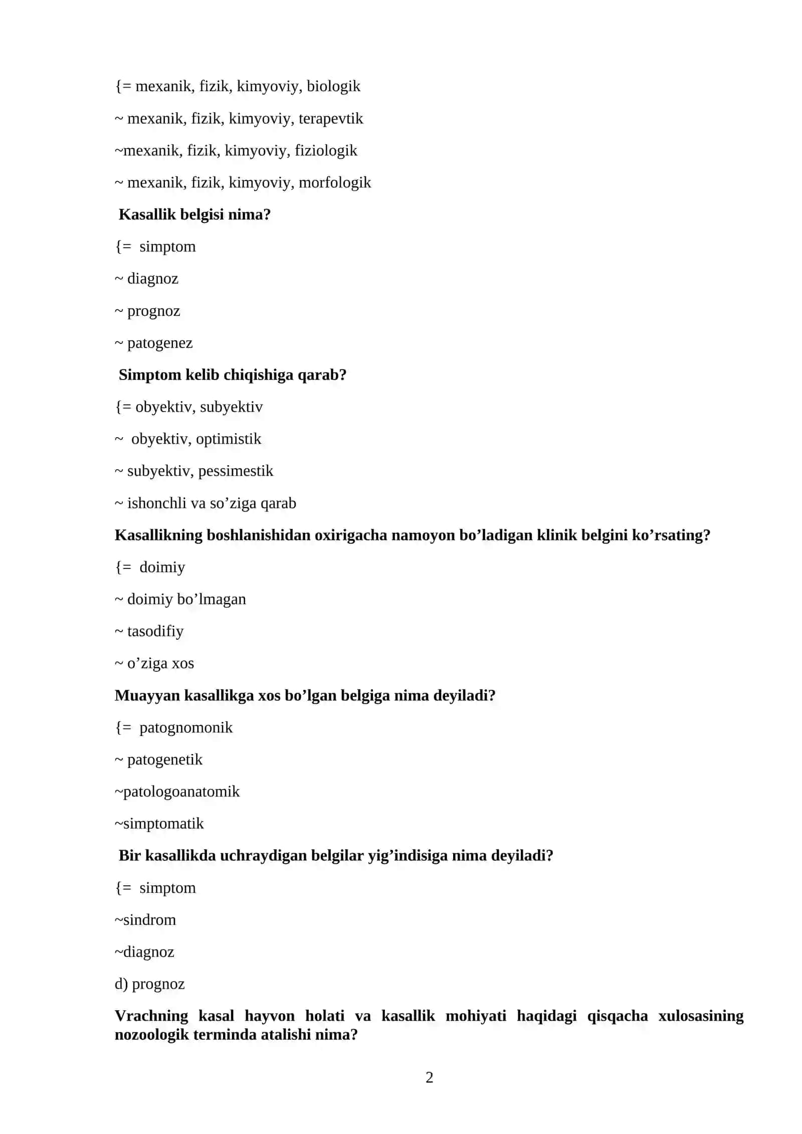 VETERINARIYA DIAGNOSTIKASI VA RENTGENOLOGIYASI test savoLLARI TO’PLAMI, JAVOBLARI BILAN 2