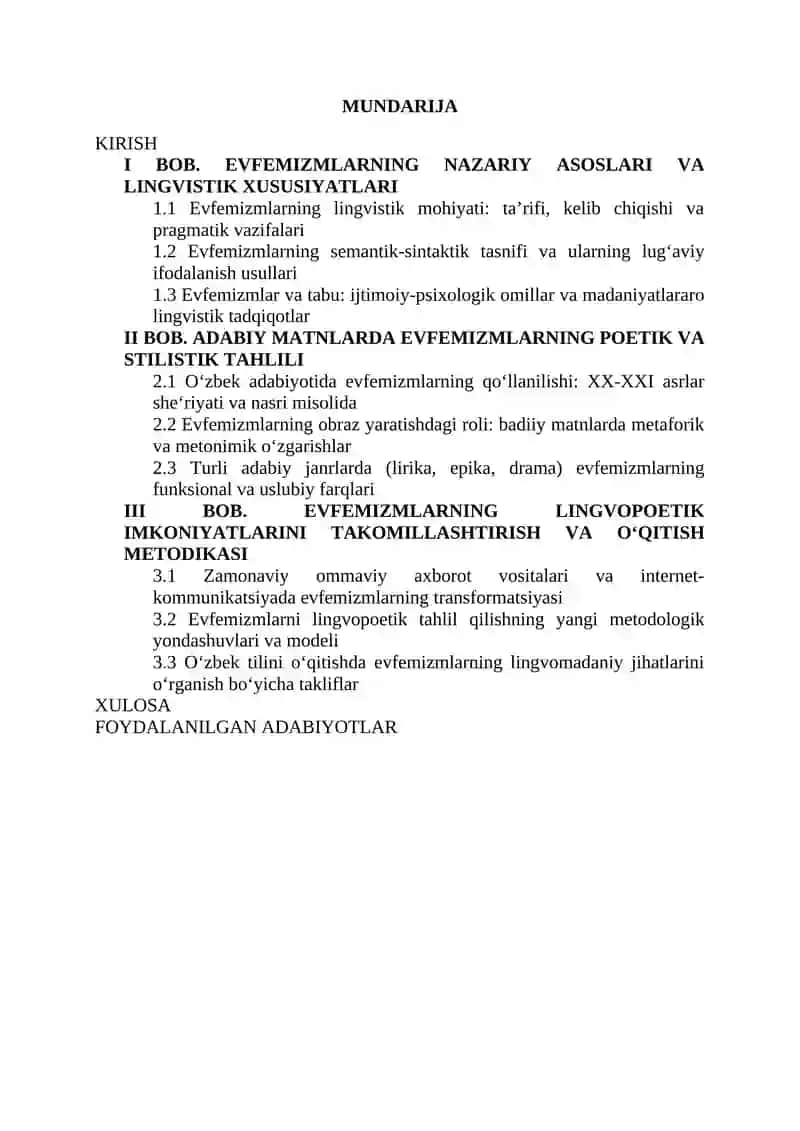 Kurs ishi  Hozirgi o‘zbek adabiy tili  Mavzu:Evfemizmlar va ularning lingvopoetik imkoniyatlari
o 2