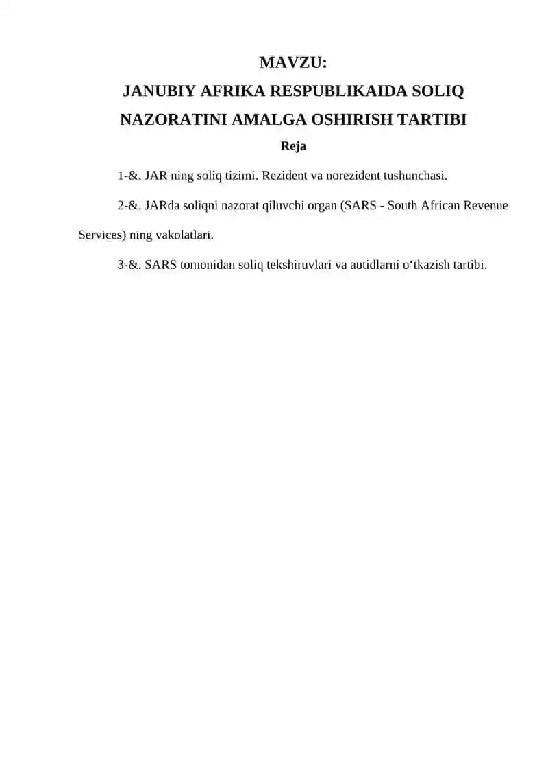 JANUBIY AFRIKA RESPUBLIKAIDA SOLIQ NAZORATINI AMALGA OSHIRISH TARTIBI 2