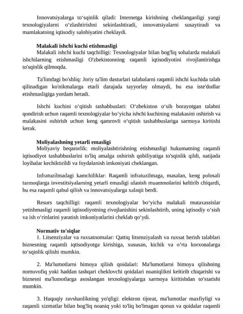 Raqamli Iqtisodiyotni OʻZbekistonda Rivojlanishdagi ToʻSiqlar 2