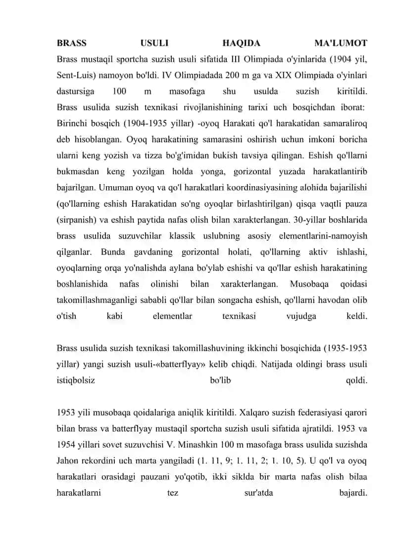 Bras usulida suzish texnikasining takomillashtuiruvi 2