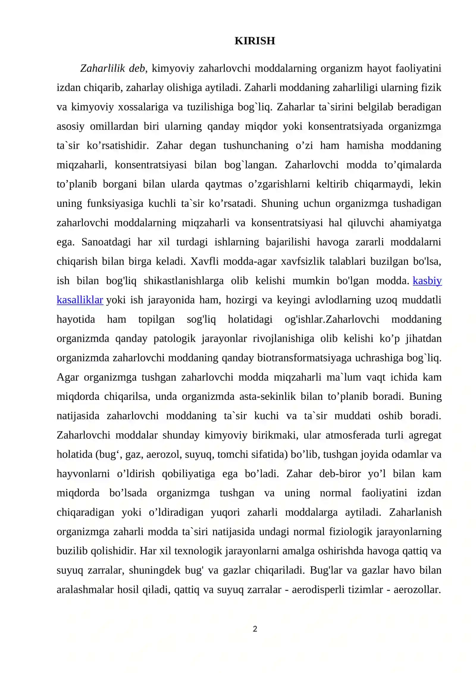 Ishlab chiqarish obyektlarida zararli va zaharli moddalarning konsentratsiyasini normallashtirish chora-tadbirlarini ishlab chiqish 2