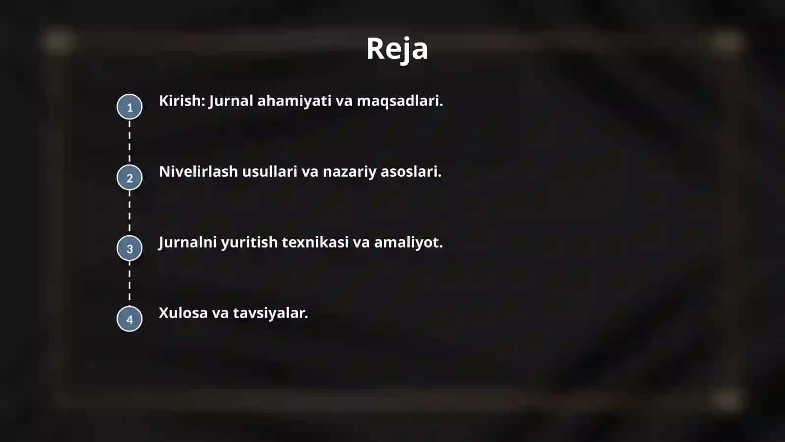 Trassa nivelirlash jurnalini ishlab chiqish. Bog`lovchi va oraliq nuqtalar balandligini aniqlash 2