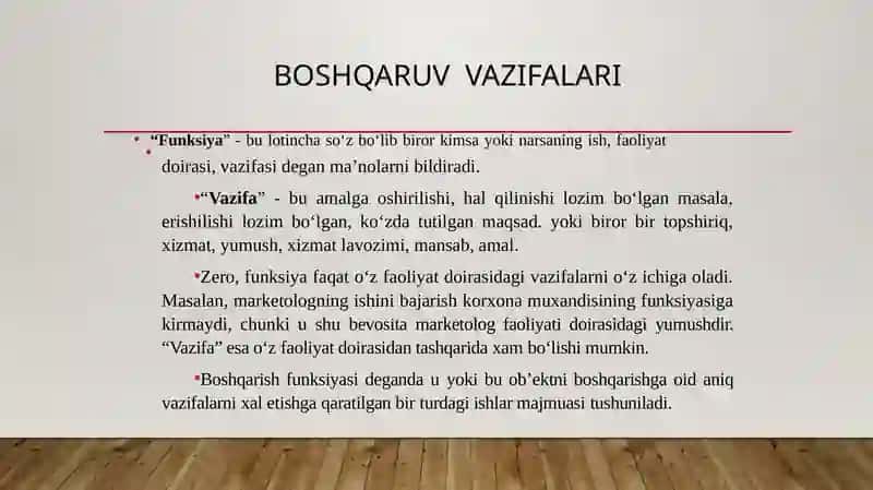 Menejment texnologiyasi: Boshqaruv jarayoni. Boshqaruv vazifalari. Maqsadlar. Motivatsiya. Boshqaruvda axborotlar va kommunikatsiyalar. Boshqaruv qarorlari. Qarorni bajarilishini tashkil qilish 2