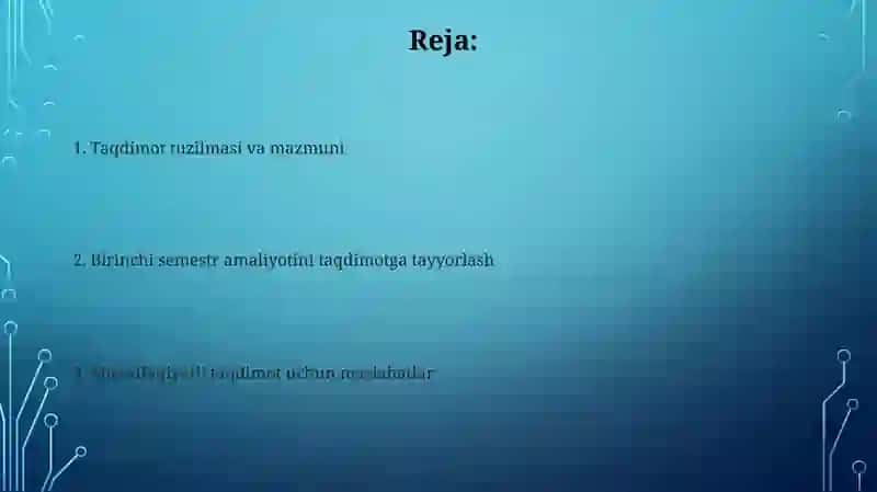 Birinchi yarim yillik malakaviy amaliyot bo‘yicha taqdimot tayyorlash 2