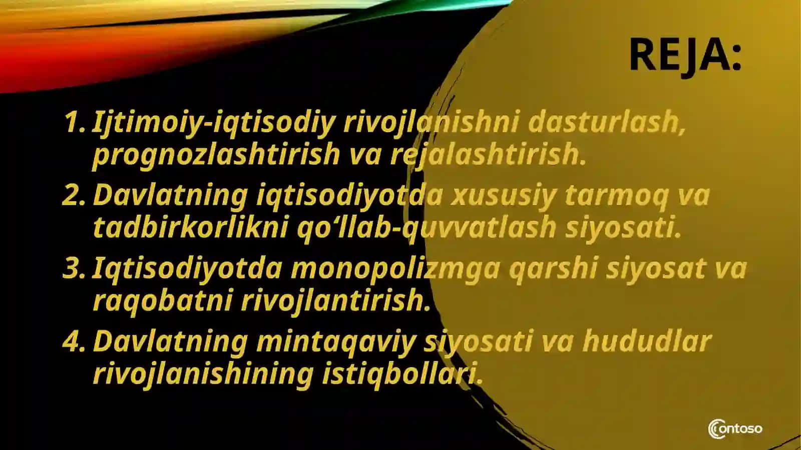 Ijtimoiy-iqtisodiy rivojlanishni dasturlash, prognozlashtirish va rejalashtirish. Davlatning iqtisodiyotda xususiy tarmoq va tadbirkorlikni qo‘llab-quvvatlash siyosati. Iqtisodiyotda monopolizmga qarshi siyosat va raqobatni rivojlantirish. Davlatning mintaqaviy siyosati va hududlar rivojlanishining istiqbollari. 2