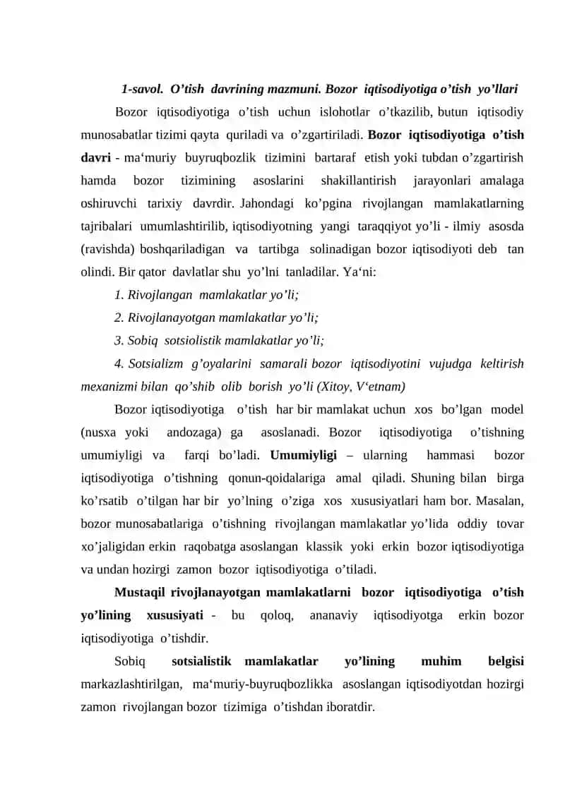Bozor iqtisodiyotiga o’tish davri va uning o’zbekistondagi xususiyatlari 2