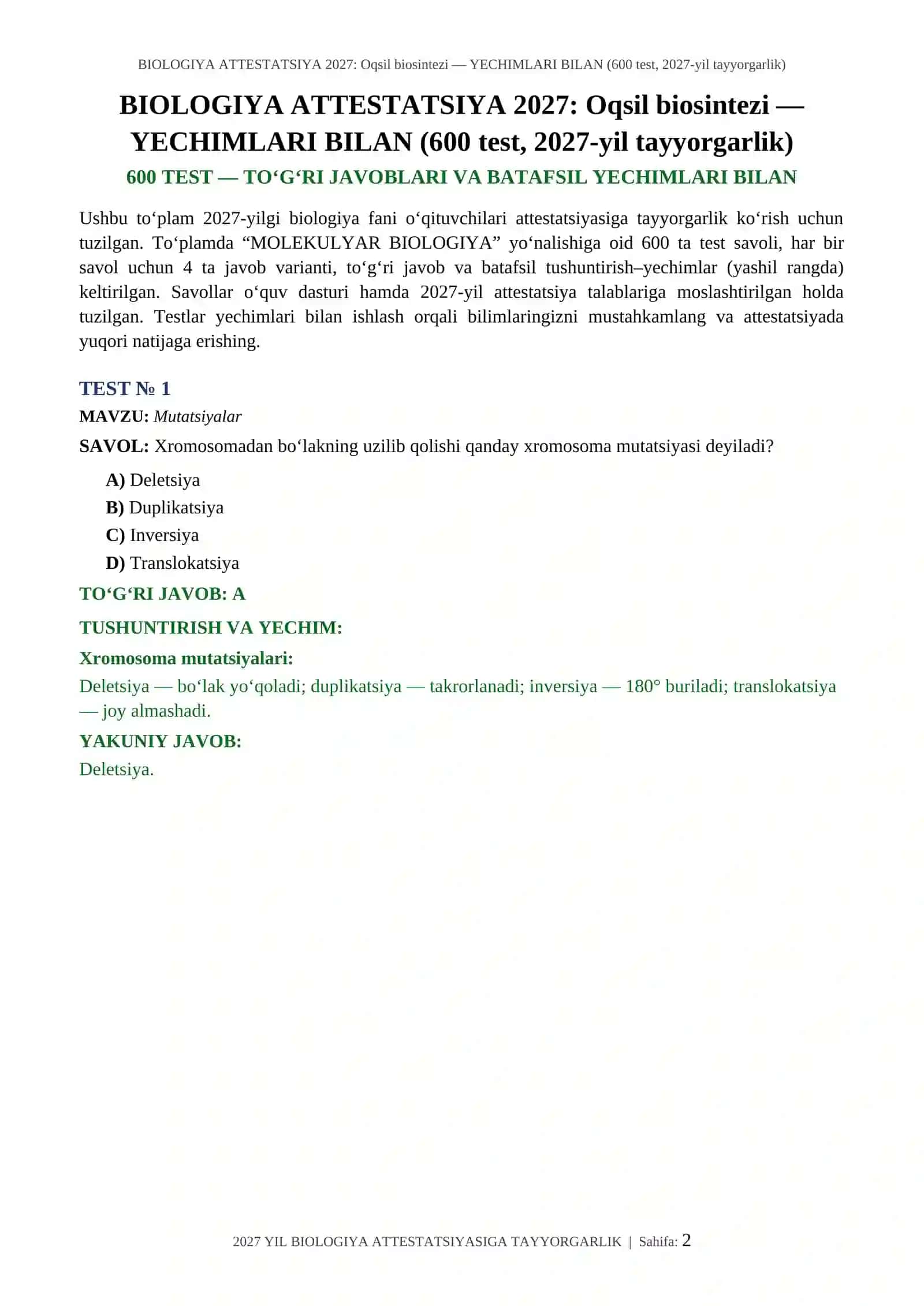 BIOLOGIYA ATTESTATSIYA 2027: Oqsil biosintezi — YECHIMLARI BILAN (600 test, 2027-yil tayyorgarlik) 2