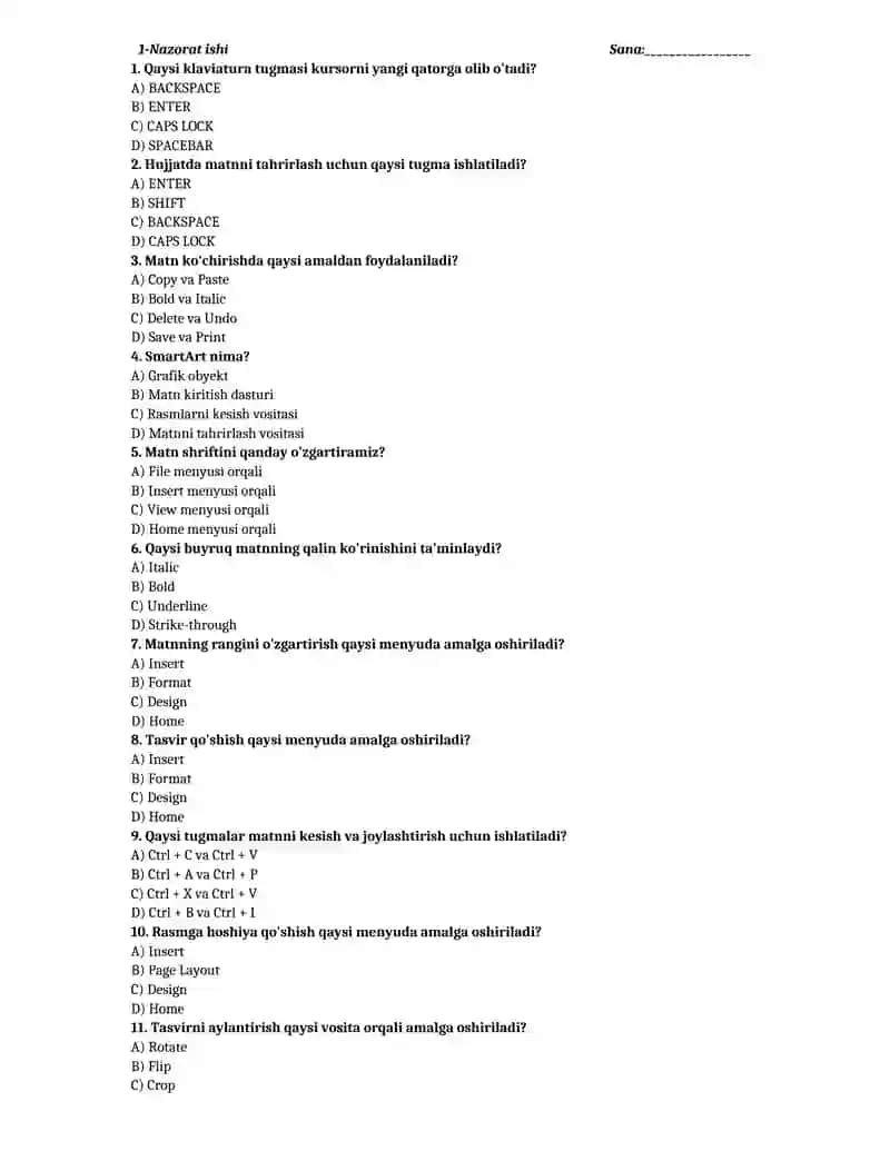 Informatika fanidan nazorat ishlari 2
