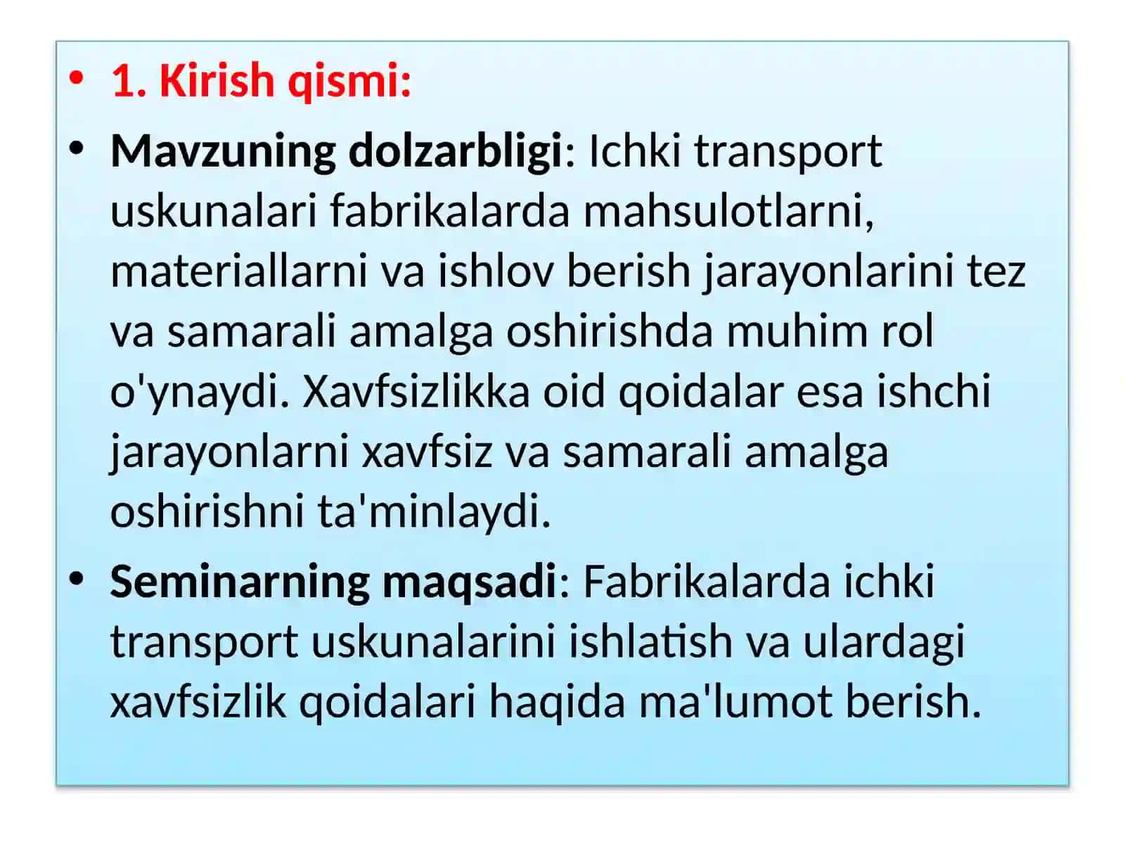 Fabrikalarda ichki transporti uskunalarida xavfsizlik qoidalari 2