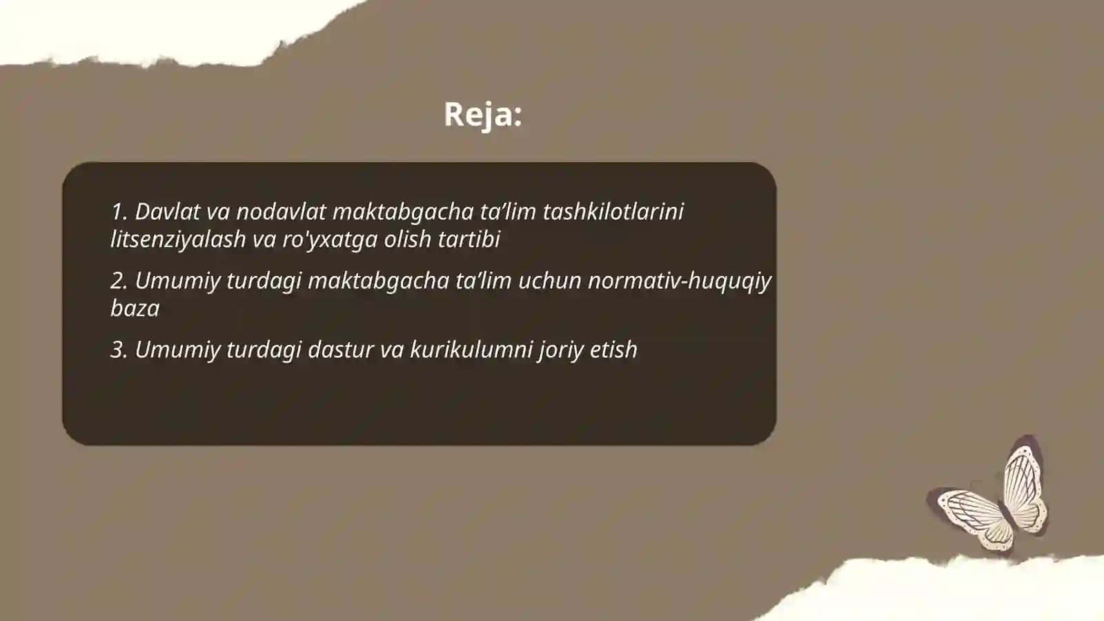 Umumiy turdagi davlat va nodavlat maktabgacha taʼlim tashkilotlarini tashkil etish 2