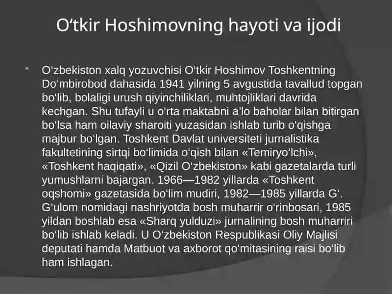 O‘tkir Hoshimovning “Urushning so’nggi qurboni” hikoyasi 2
