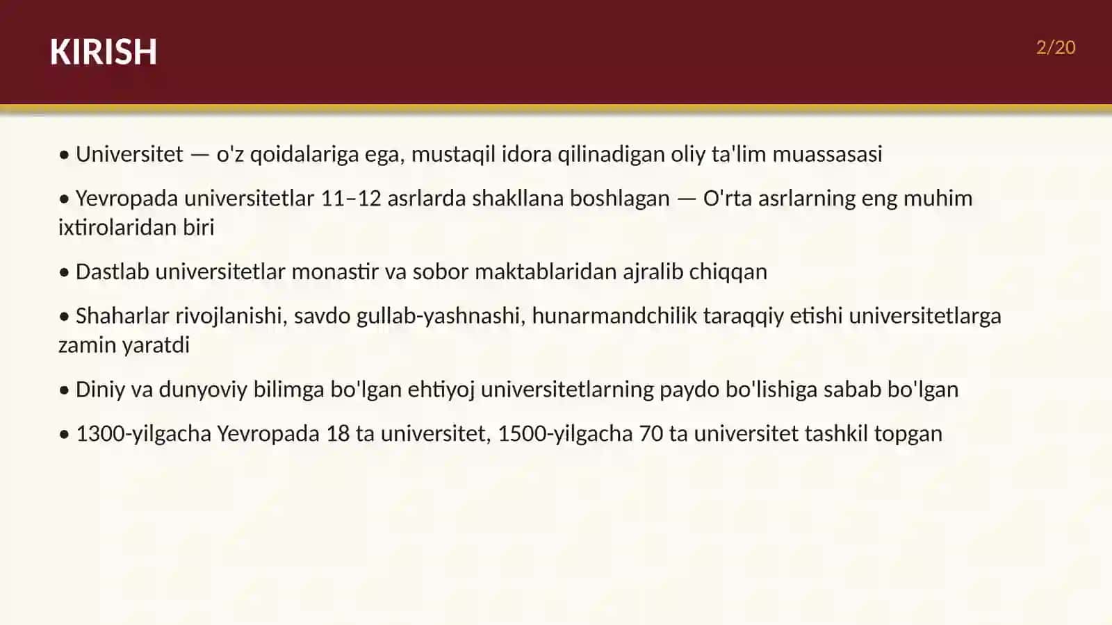 Yevropada dastlabki universitetlarga asos solinishi 2