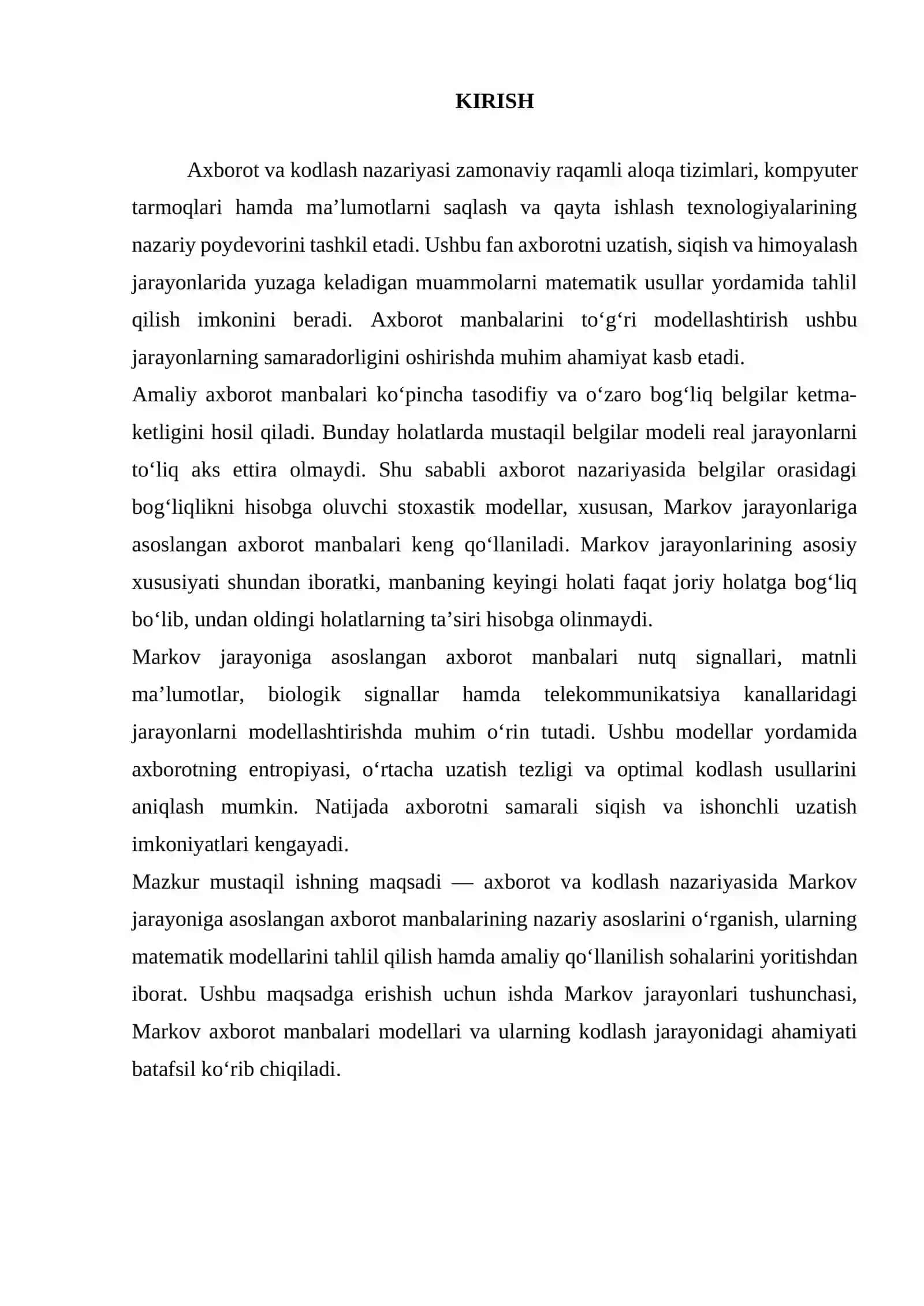 Axborot va kodlash nazariyasida Markov jarayoniga asoslangan axborot manbalari. 2