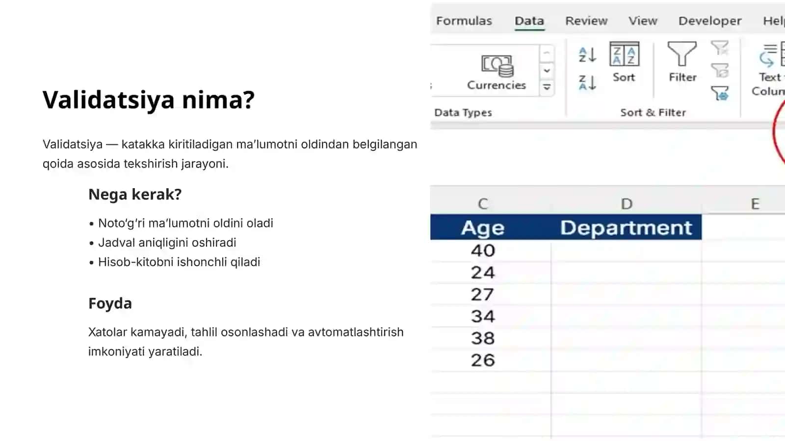 Excelda maʼlumotlarni validatsiya qilish 2