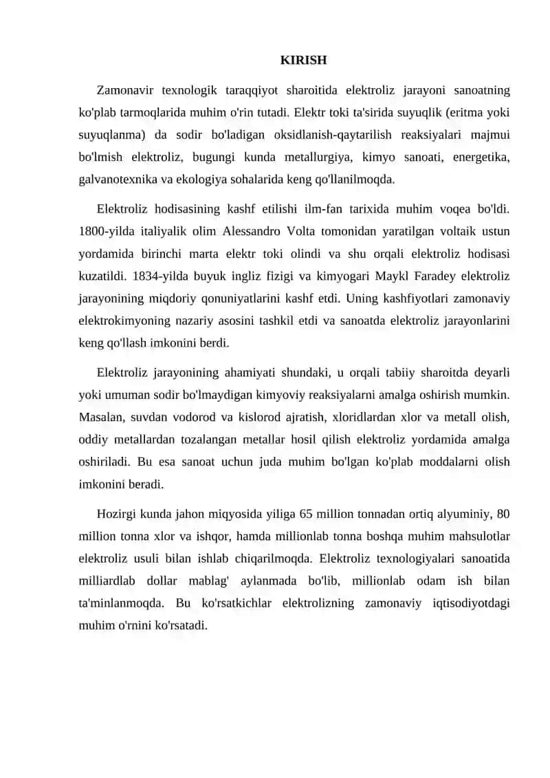 SANOATDA ELEKTROLIZ JARAYONINING QO'LLANILISHI 2