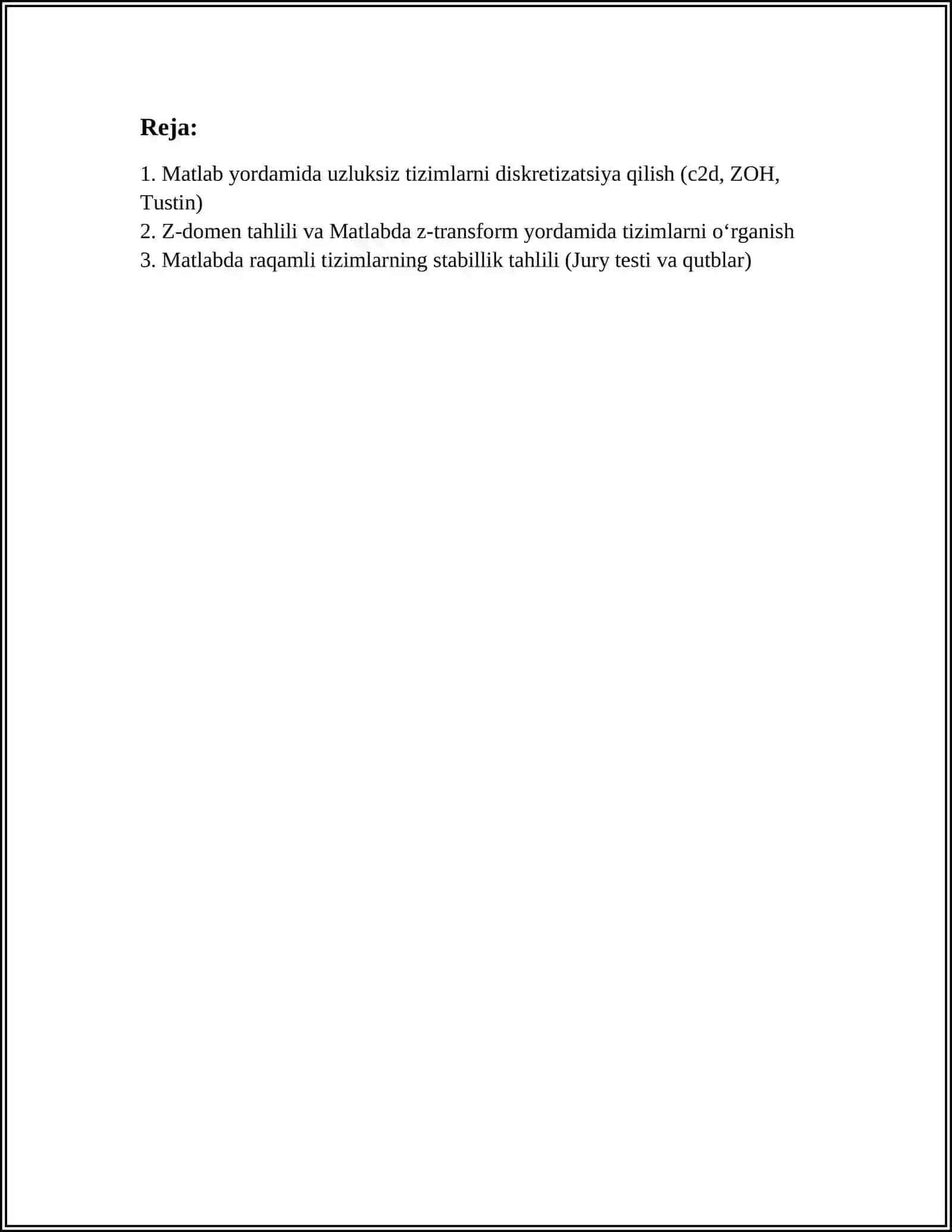 MATLAB YORDAMIDA RAQAMLI BOSHQARISH TIZIMLARI TAHLILI 2