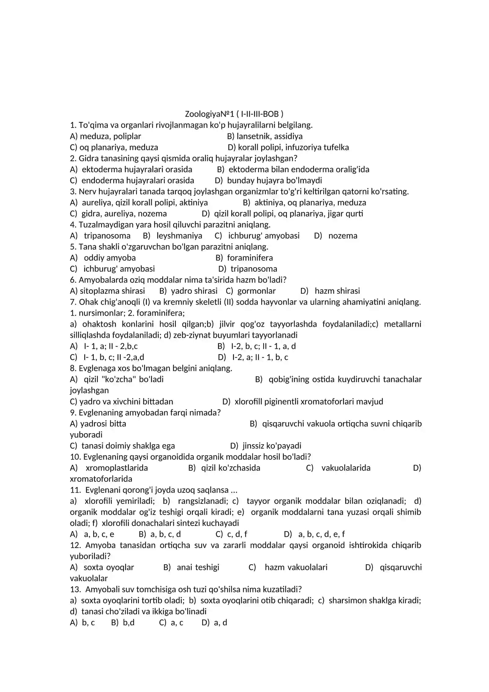 7-sinflar uchun Zoologiya fanidan TEST SAVOLLARI 2