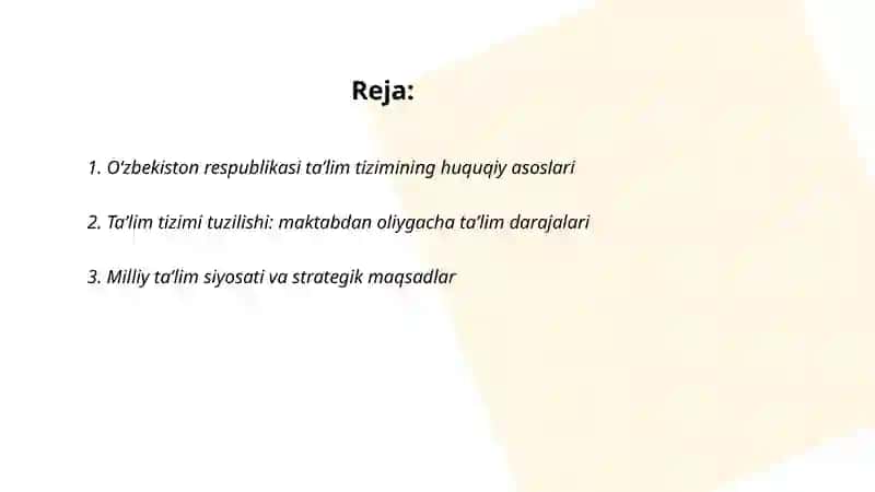 Oʻzbekiston respublikasi taʼlim tizimi. Pedagoglik kasbi va uning vazifalari 2
