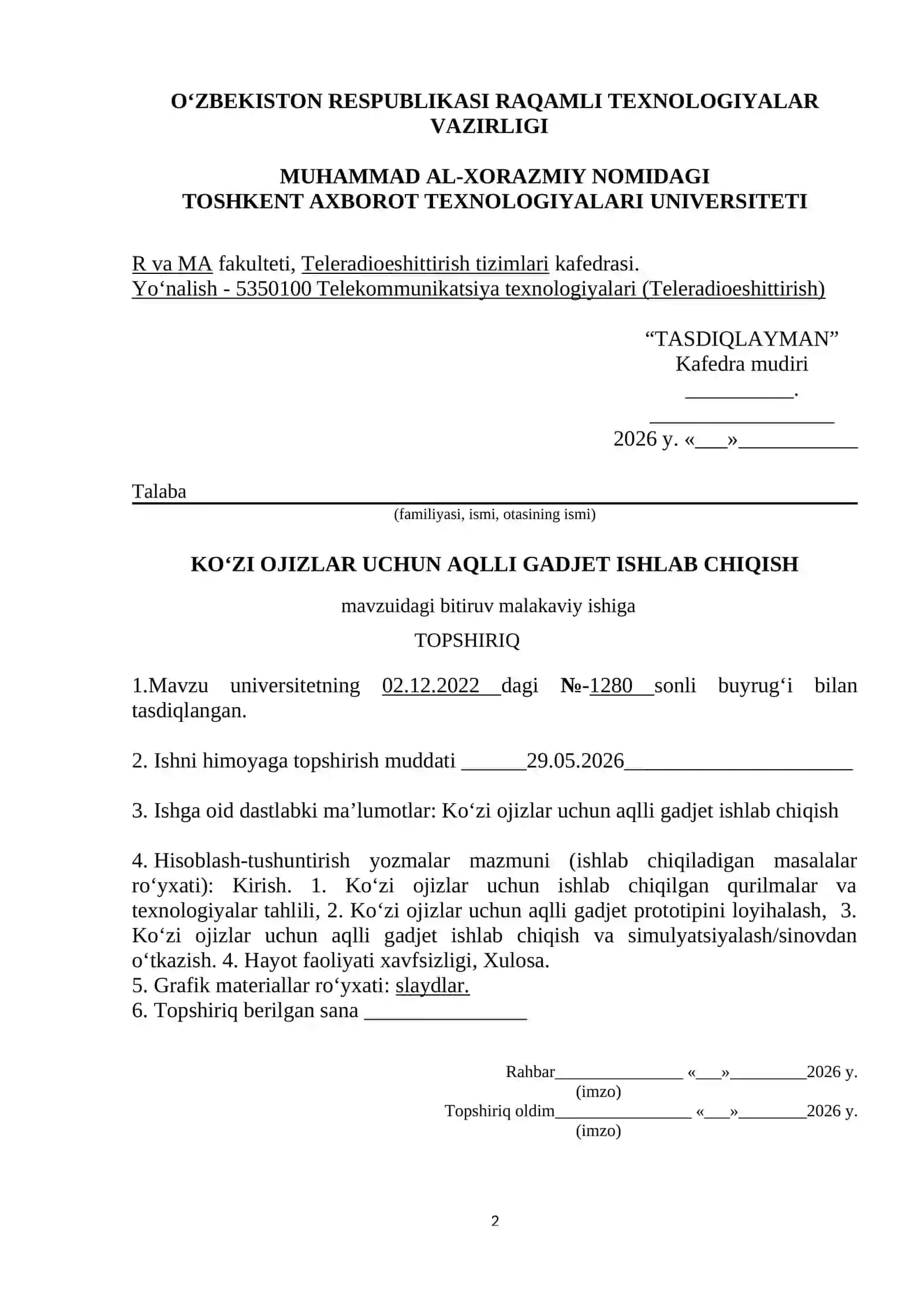 KO‘ZI OJIZLAR UCHUN AQLLI GADJET ISHLAB CHIQISH MAVZUSIDA BITIRUV MALAKAVIY ISHI 2