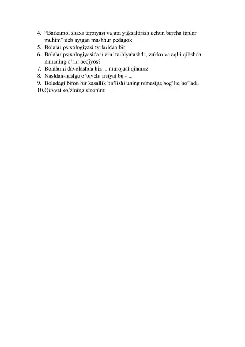 Psixologik atamalar bo’yicha Krossword 2
