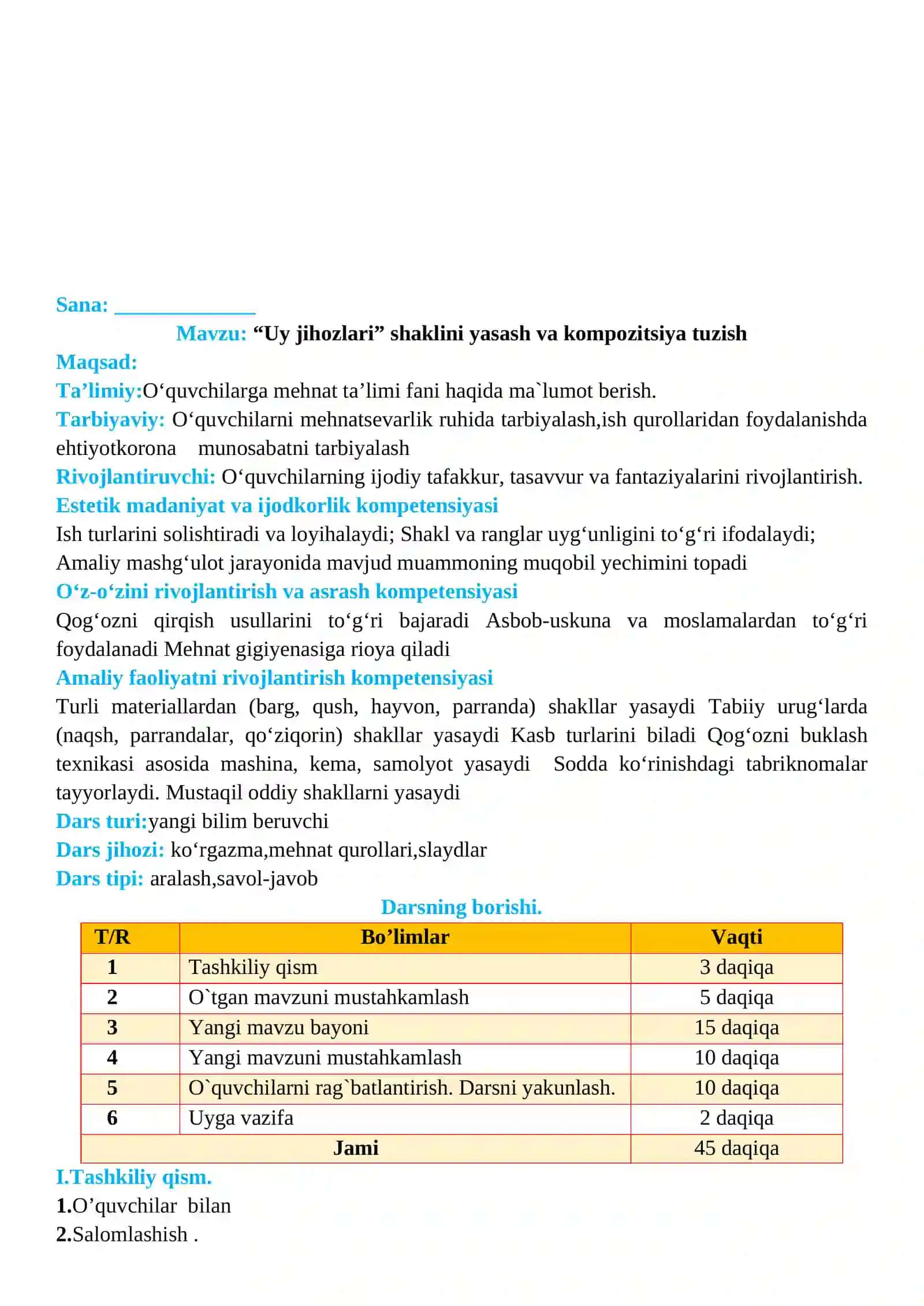 2-sinf Texnologiya fanidan Uy jihozlari shaklini yasash va kompozitsiya tuzish dars ishlanma 2