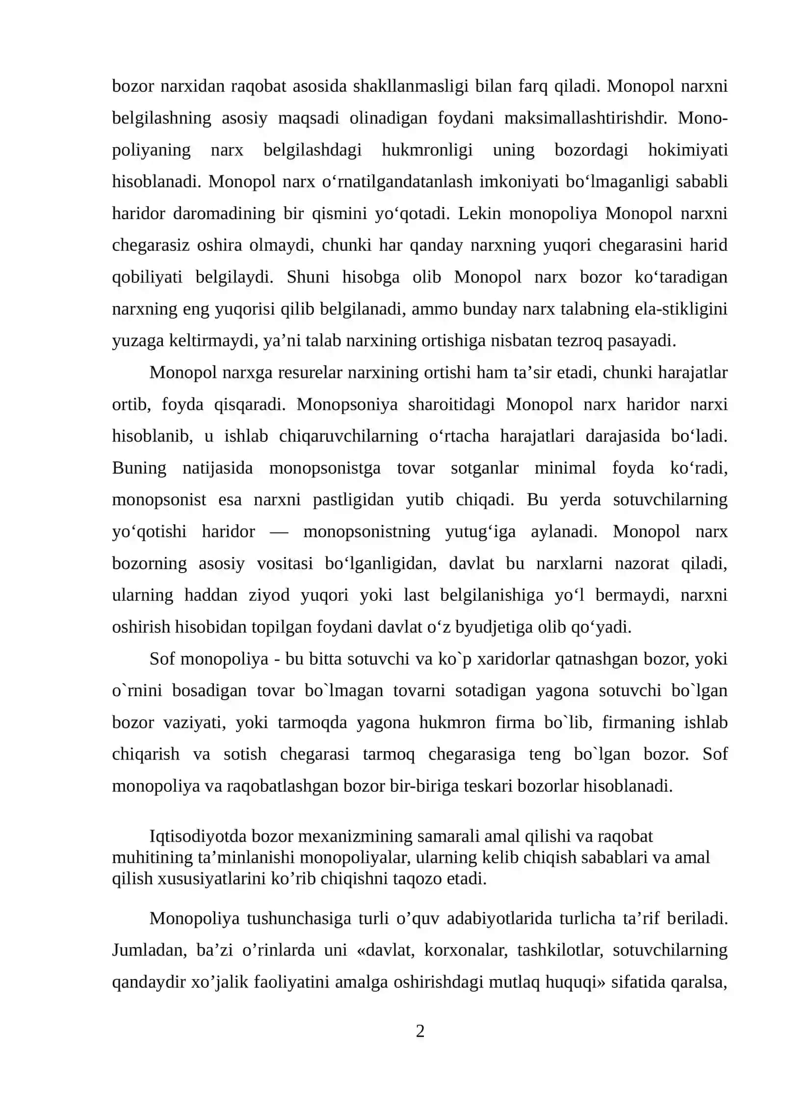Monopol narx belgilash va Raqobatlashmagan Bozor Sharoitida 2