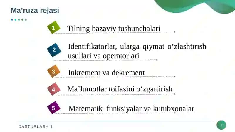 KIRISH. DASTURLASHNING ASOSIY TUSHUNCHASI. MA'LUMOT TURLARI VA ULAR QO’LLANILISHI O’RGANADI. 2