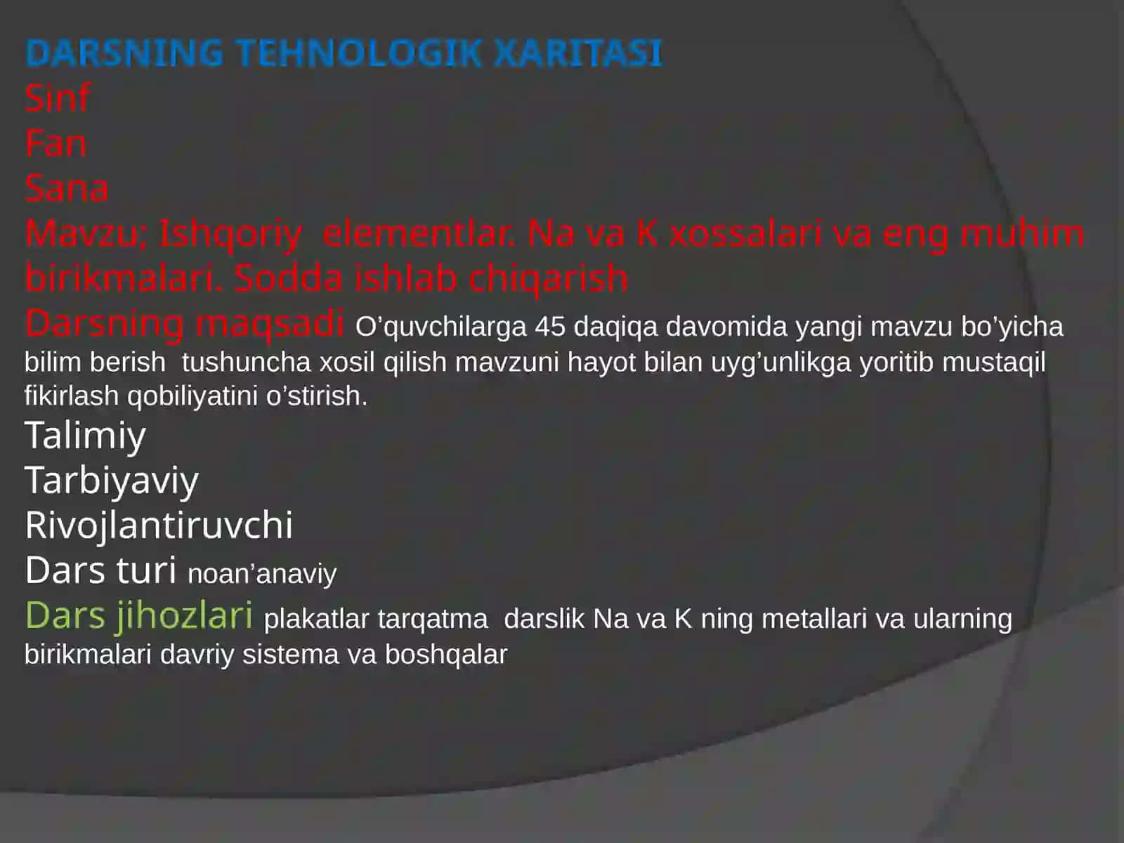 Ishqoriy metallar. Natriy va kaliyning xossalari va eng muhim birikmalari. Sodda ishlab chiqarish 2