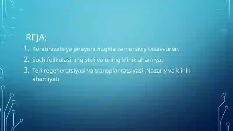 Keratinizatsiya jarayoni haqida zamonaviy tasavvurlar.Soch folikulasining sikli va uning klinik ahamiyati.Teri regeneratsiyasi va transplantatsiyasi.Nazariy va klinik ahamiyati 2