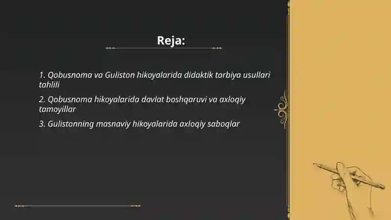 Hikoyalar tahlili "Qobusnoma va Guliston" 2